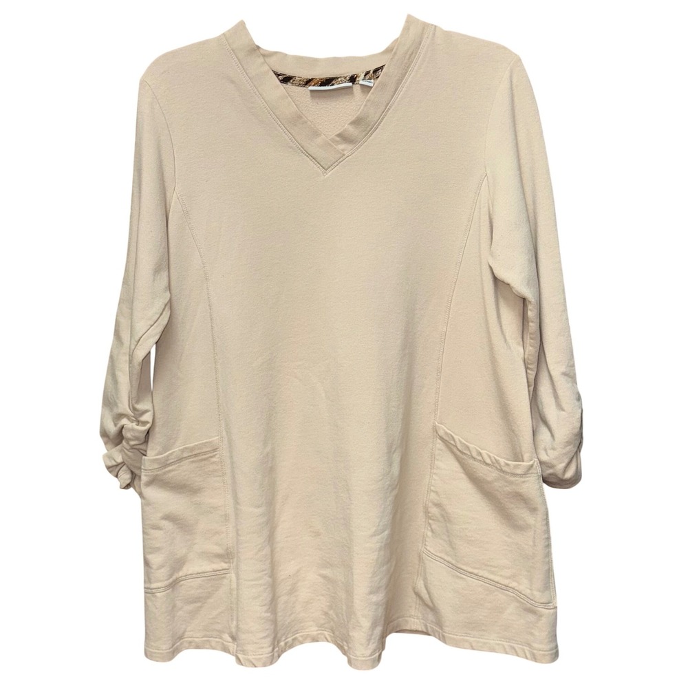 Susan Graver Beige V Neck Long Sleeve Tunic Top Pockets Size M Lagenlook Boho